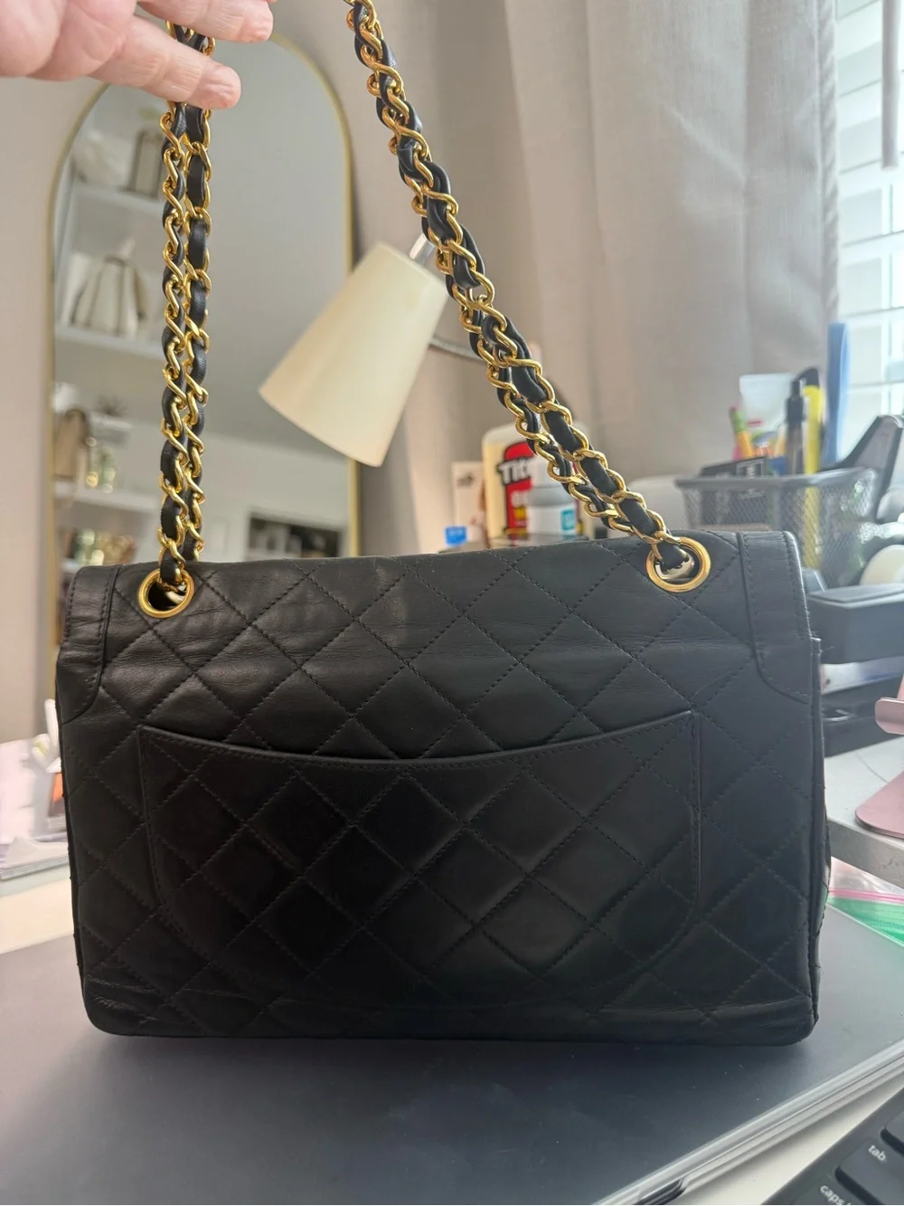 CHANEL Black Quilted Leather Shoulder Bag with Gold Chain Strap